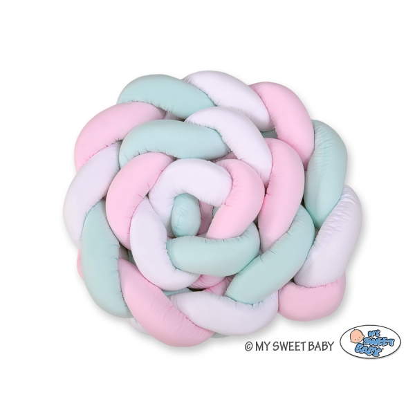 Geflochtene Bettschlange für Babybett XXL Bettumrandung -  weiß-rosa-minze extra lang
