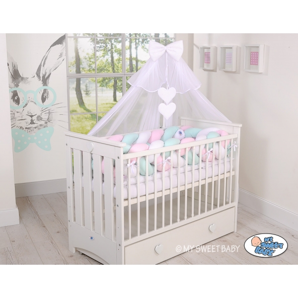 Geflochtene Bettschlange für Babybett XXL Bettumrandung -  weiß-rosa-minze extra lang