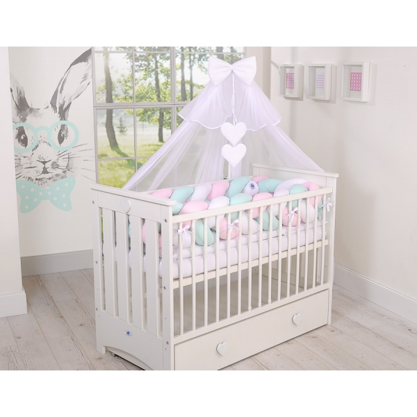 Geflochtene Bettschlange für Babybett XXL Bettumrandung -  weiß-rosa-minze extra lang