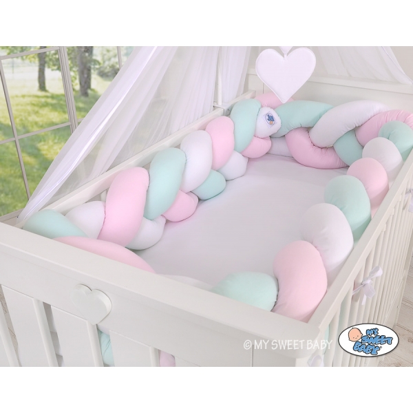 Geflochtene Bettschlange für Babybett XXL Bettumrandung -  weiß-rosa-minze extra lang