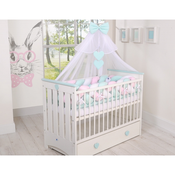 Geflochtene Bettschlange für Babybett XXL Bettumrandung -  weiß-rosa-minze extra lang