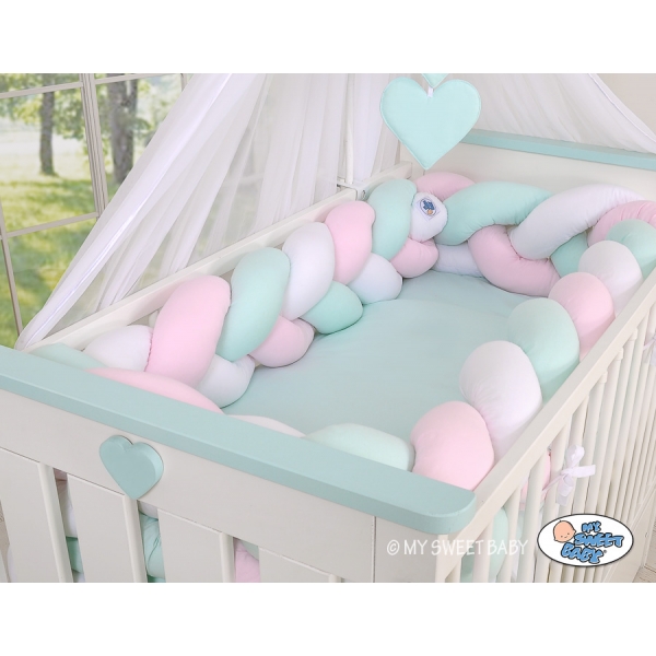 Geflochtene Bettschlange für Babybett XXL Bettumrandung -  weiß-rosa-minze extra lang
