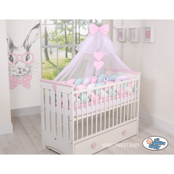 Geflochtene Bettschlange für Babybett XXL Bettumrandung -  weiß-rosa-minze extra lang