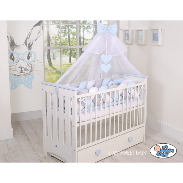 Geflochtene Bettschlange für Babybett XXL Extra groß - weiß - grau - blau