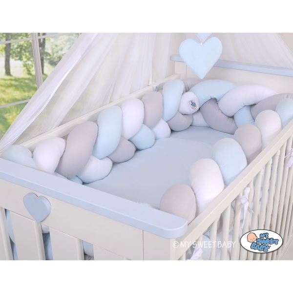 Geflochtene Bettschlange für Babybett XXL Extra groß - weiß - grau - blau