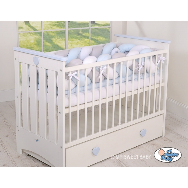 Geflochtene Bettschlange für Babybett XXL Extra groß - weiß - grau - blau