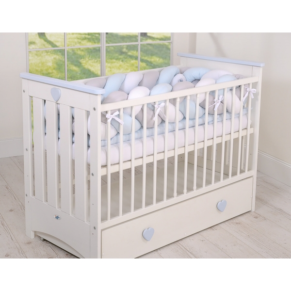 Geflochtene Bettschlange für Babybett XXL Extra groß - weiß - grau - blau