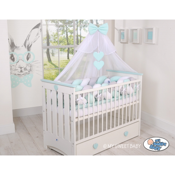 Geflochtene Bettschlange für Babybett XXL Extra groß - weiß - grau - minze