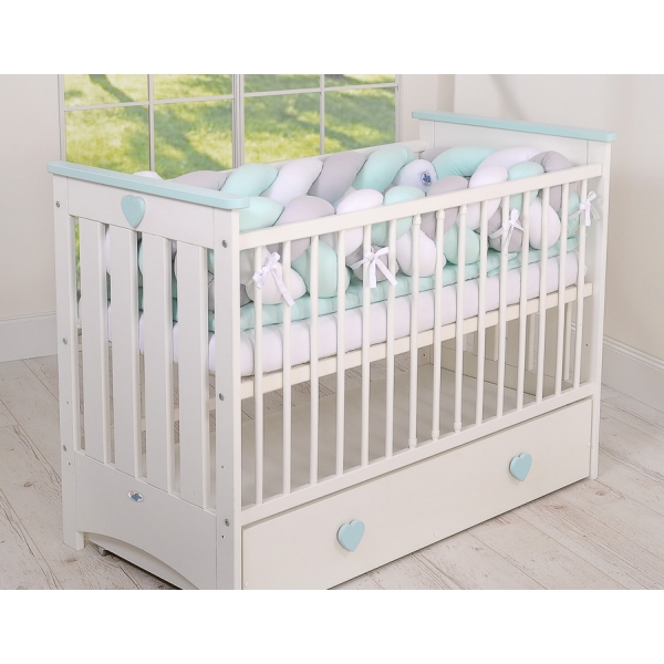 Geflochtene Bettschlange für Babybett XXL Extra groß - weiß - grau - minze