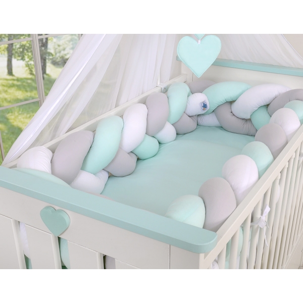 Geflochtene Bettschlange für Babybett XXL Extra groß - weiß - grau - minze