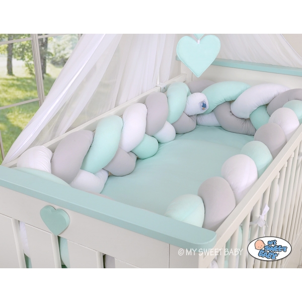Geflochtene Bettschlange für Babybett XXL Extra groß - weiß - grau - minze