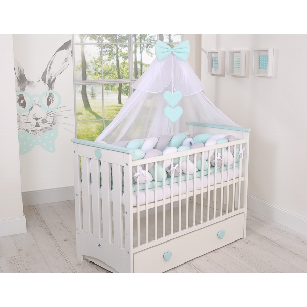 Geflochtene Bettschlange für Babybett XXL Extra groß - weiß - grau - minze