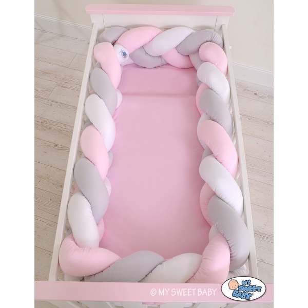 Bettschlange Geflochten Bettumrandung für Babybett XXL Extra groß - weiß - grau-rosa