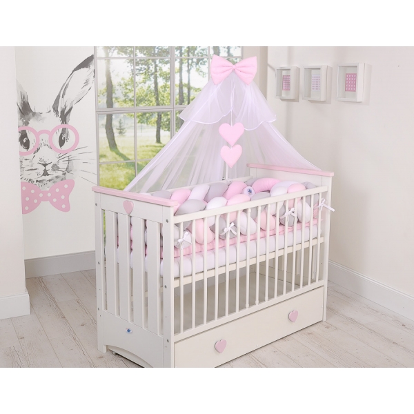 Bettschlange Geflochten Bettumrandung für Babybett XXL Extra groß - weiß - grau-rosa
