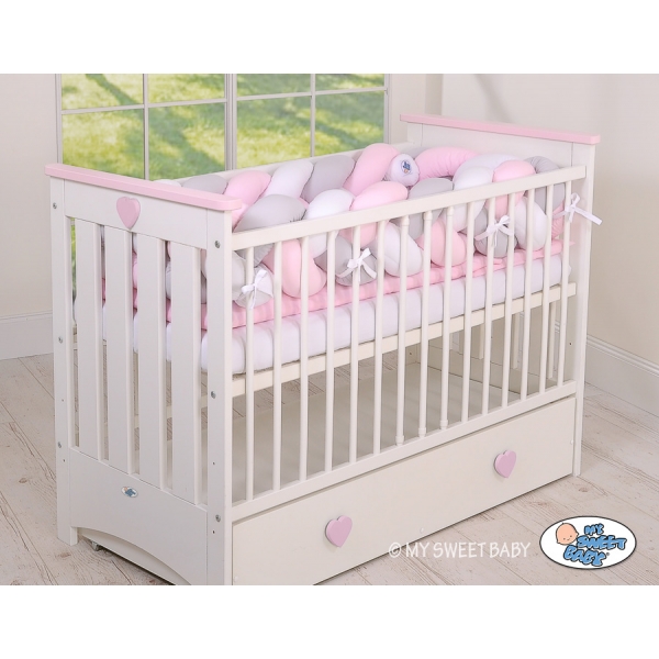 Bettschlange Geflochten Bettumrandung für Babybett XXL Extra groß - weiß - grau-rosa