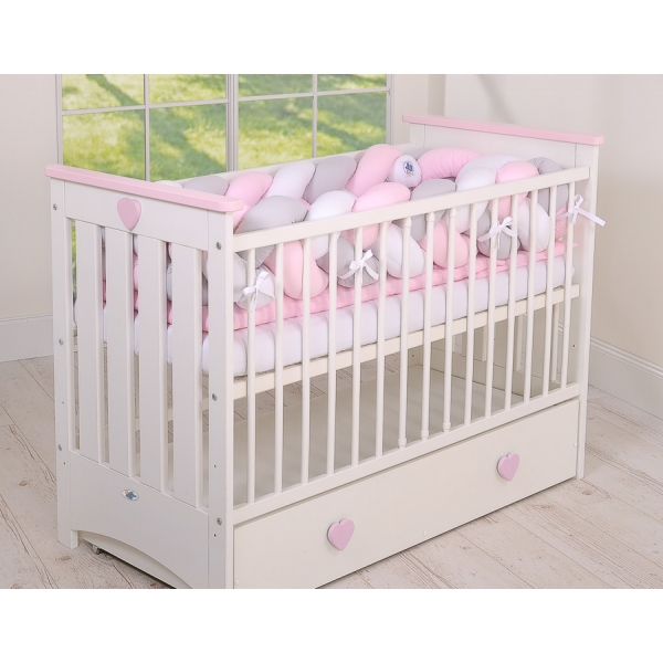 Bettschlange Geflochten Bettumrandung für Babybett XXL Extra groß - weiß - grau-rosa