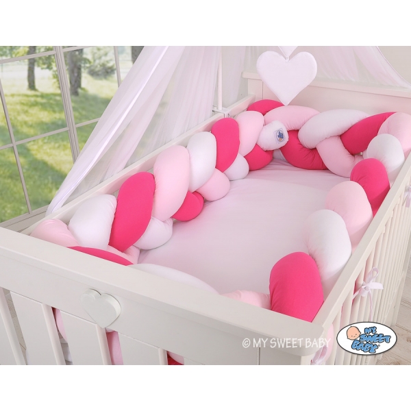 3.6m Knotenschlange Geflochtene Bettschlange für Babybett XXL Extra lang - weiß - dunkelrosa-rosa