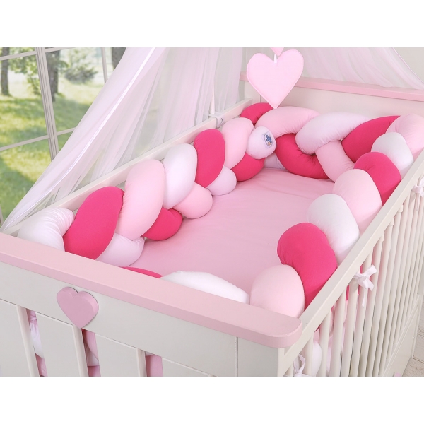 3.6m Knotenschlange Geflochtene Bettschlange für Babybett XXL Extra lang - weiß - dunkelrosa-rosa