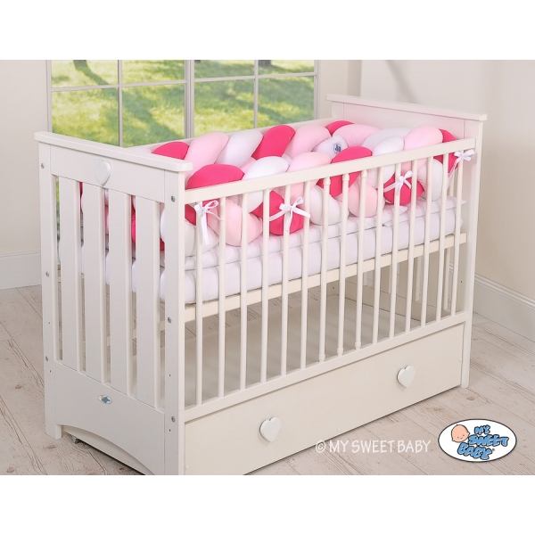 3.6m Knotenschlange Geflochtene Bettschlange für Babybett XXL Extra lang - weiß - dunkelrosa-rosa
