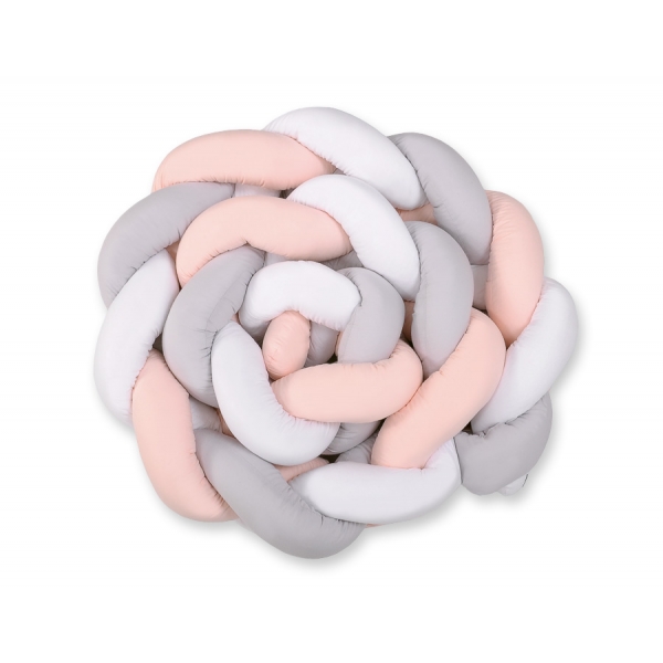Geflochtene Bettumrandung für Babybett XXL Extra lang - weiß-grau - pudderrosa