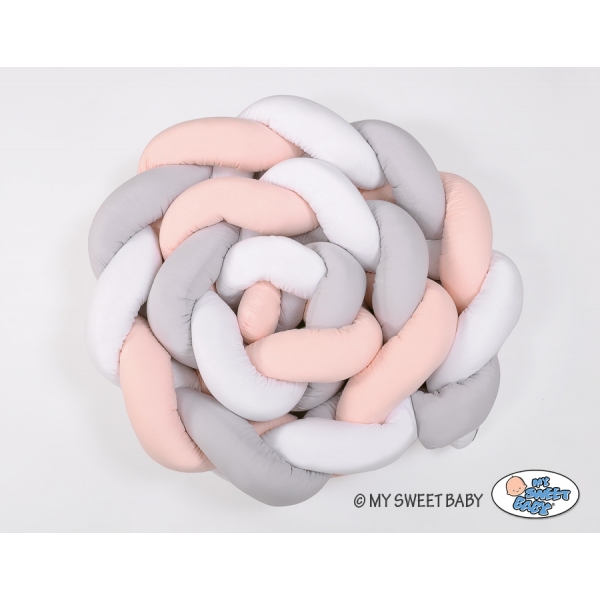 Geflochtene Bettumrandung für Babybett XXL Extra lang - weiß-grau - pudderrosa