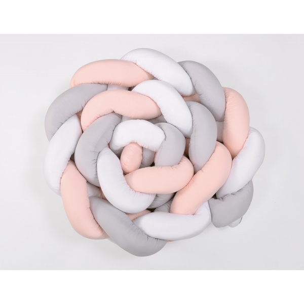 Geflochtene Bettumrandung für Babybett XXL Extra lang - weiß-grau - pudderrosa