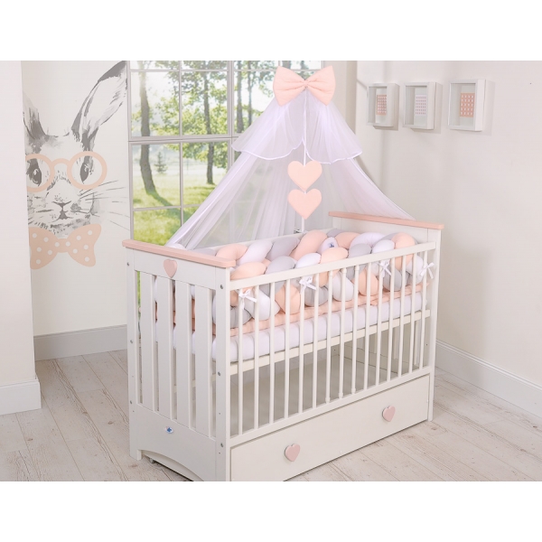 Geflochtene Bettumrandung für Babybett XXL Extra lang - weiß-grau - pudderrosa