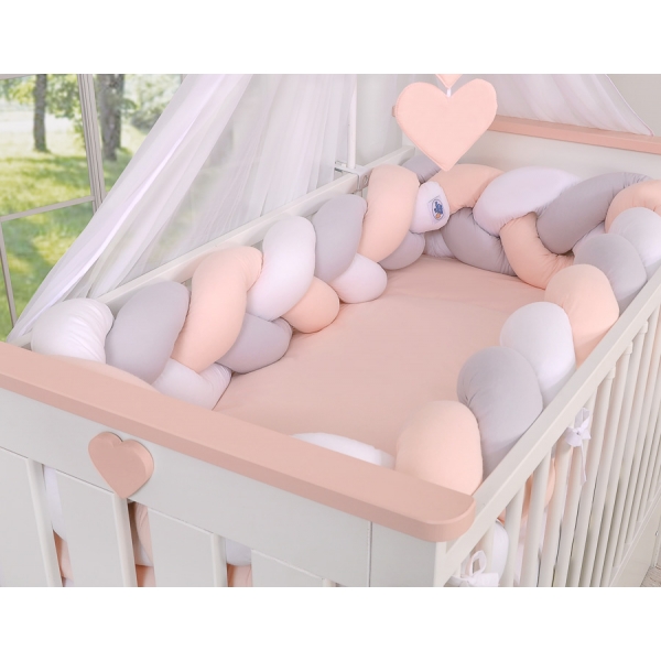 Geflochtene Bettumrandung für Babybett XXL Extra lang - weiß-grau - pudderrosa