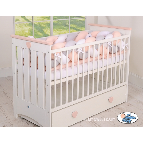 Geflochtene Bettumrandung für Babybett XXL Extra lang - weiß-grau - pudderrosa