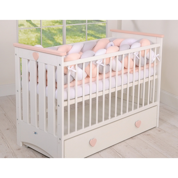 Geflochtene Bettumrandung für Babybett XXL Extra lang - weiß-grau - pudderrosa