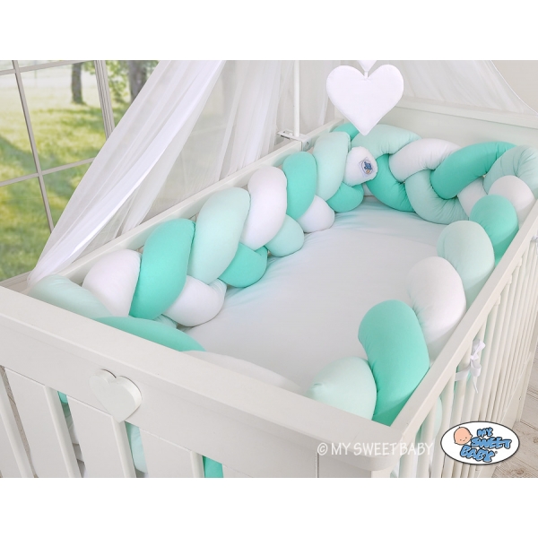 Geflochtene Bettschlange für Babybett XXL Extra lang - weiß - minze