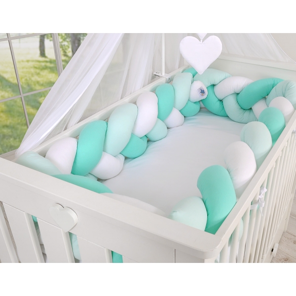 Geflochtene Bettschlange für Babybett XXL Extra lang - weiß - minze