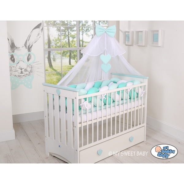 Geflochtene Bettschlange für Babybett XXL Extra lang - weiß - minze
