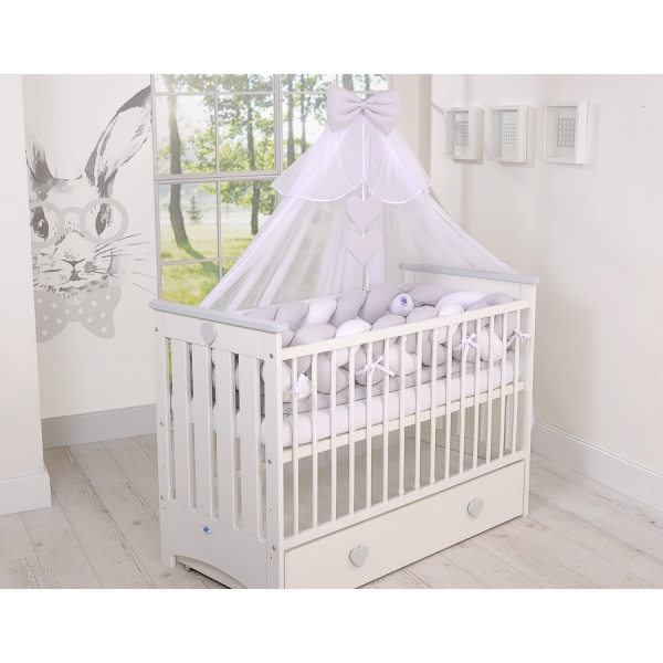3,6m Geflochtene Bettschlange für Babybett XXL - weiß - grau Extra hoch