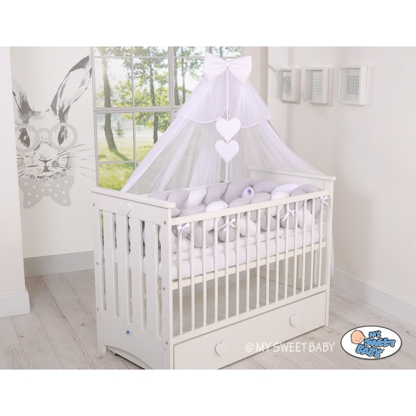 3,6m Geflochtene Bettschlange für Babybett XXL - weiß - grau Extra hoch