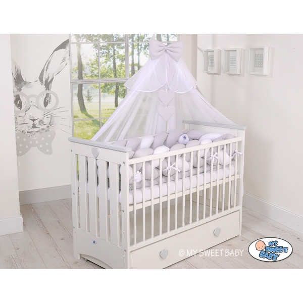 3,6m Geflochtene Bettschlange für Babybett XXL - weiß - grau Extra hoch