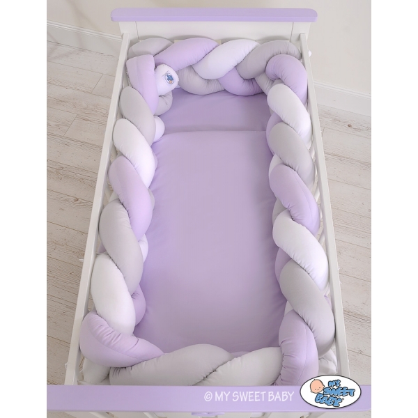 Geflochtene Bettschlange für Babybett XXL - weiß - grau - lila 20 cm Hoch 3,6m