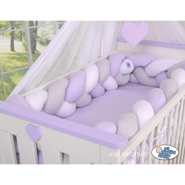 Geflochtene Bettschlange für Babybett XXL - weiß - grau - lila 20 cm Hoch 3,6m