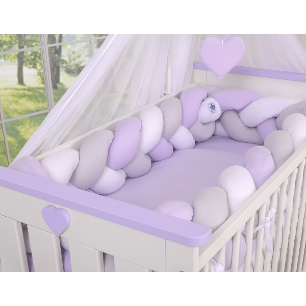 Geflochtene Bettschlange für Babybett XXL - weiß - grau - lila 20 cm Hoch 3,6m