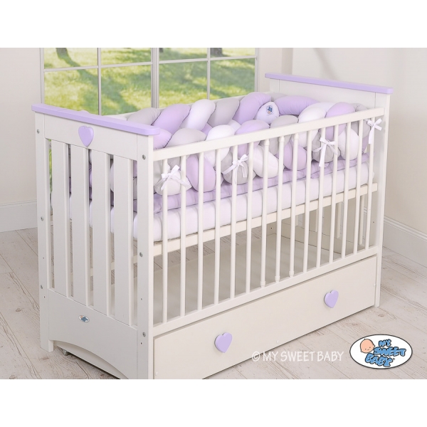 Geflochtene Bettschlange für Babybett XXL - weiß - grau - lila 20 cm Hoch 3,6m