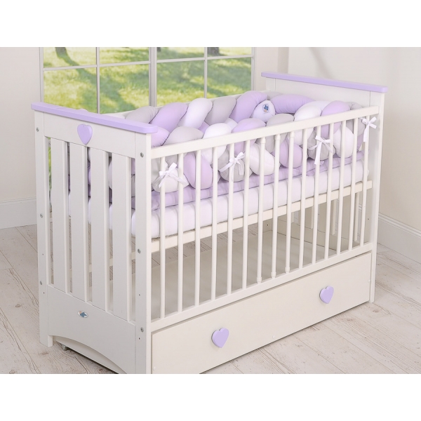 Geflochtene Bettschlange für Babybett XXL - weiß - grau - lila 20 cm Hoch 3,6m