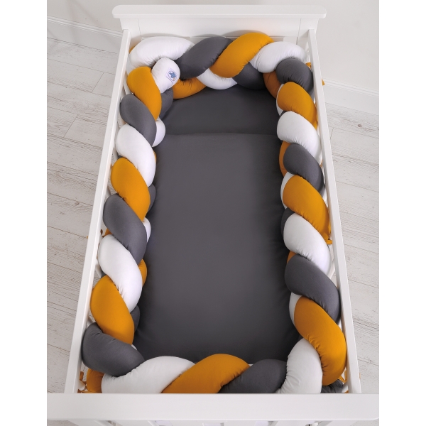 Geflochtene Bettschlange für Babybett XXL Knot Kissen Zopf - weiß-honiggelb-anthrazit
