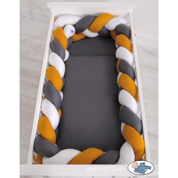 Geflochtene Bettschlange für Babybett XXL Knot Kissen Zopf - weiß-honiggelb-anthrazit