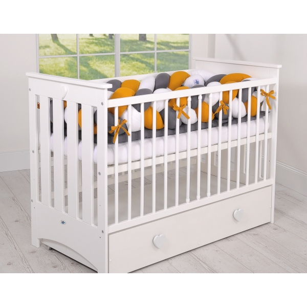 Geflochtene Bettschlange für Babybett XXL Knot Kissen Zopf - weiß-honiggelb-anthrazit