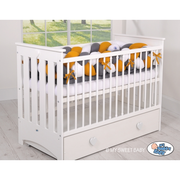 Geflochtene Bettschlange für Babybett XXL Knot Kissen Zopf - weiß-honiggelb-anthrazit