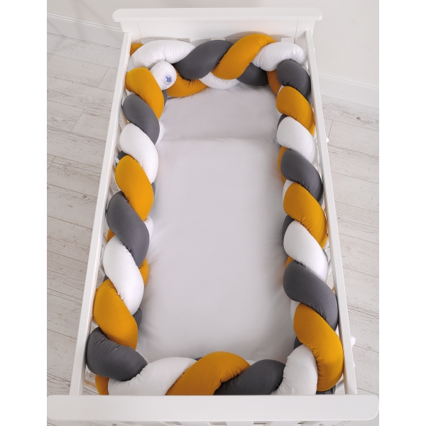 Geflochtene Bettschlange für Babybett XXL Knot Kissen Zopf - weiß-honiggelb-anthrazit