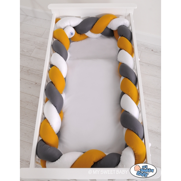 Geflochtene Bettschlange für Babybett XXL Knot Kissen Zopf - weiß-honiggelb-anthrazit