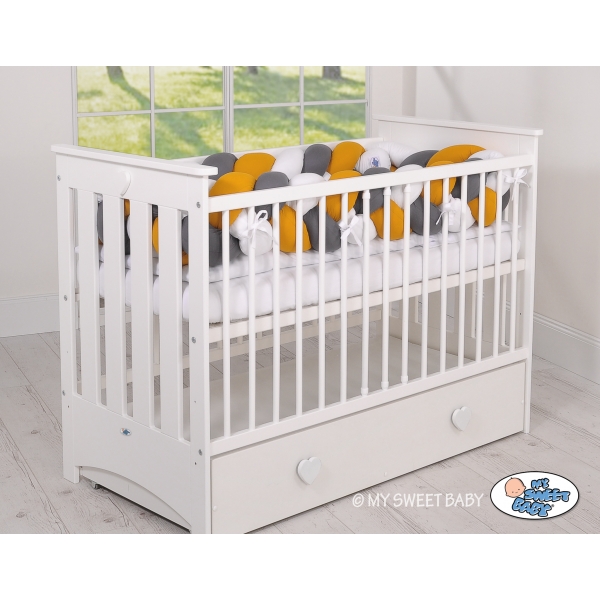 Geflochtene Bettschlange für Babybett XXL Knot Kissen Zopf - weiß-honiggelb-anthrazit