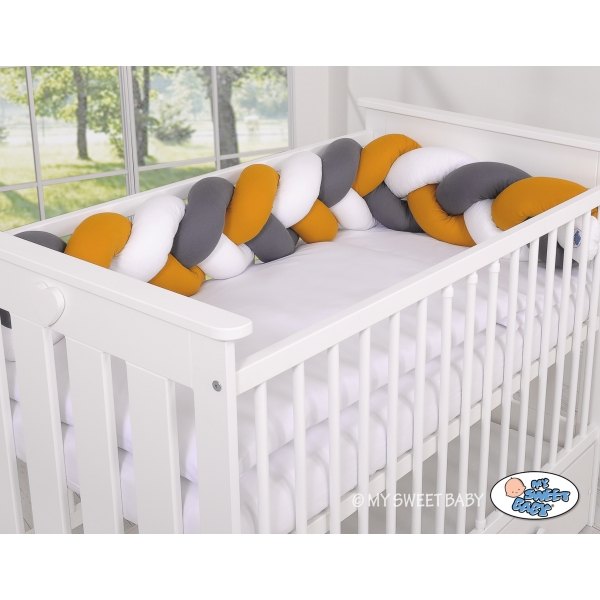 Geflochtene Bettumrandung Bettschlange für Babybett - weiß-honiggelb-anthrazit