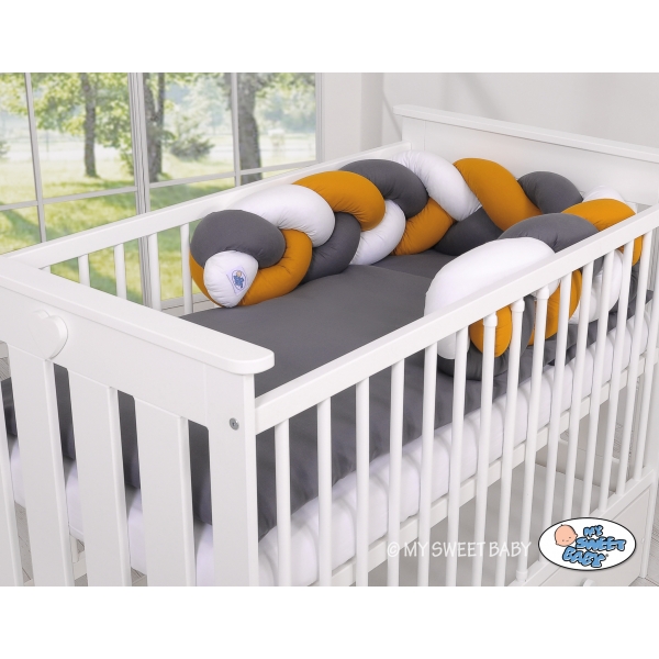 Geflochtene Bettumrandung Bettschlange für Babybett - weiß-honiggelb-anthrazit